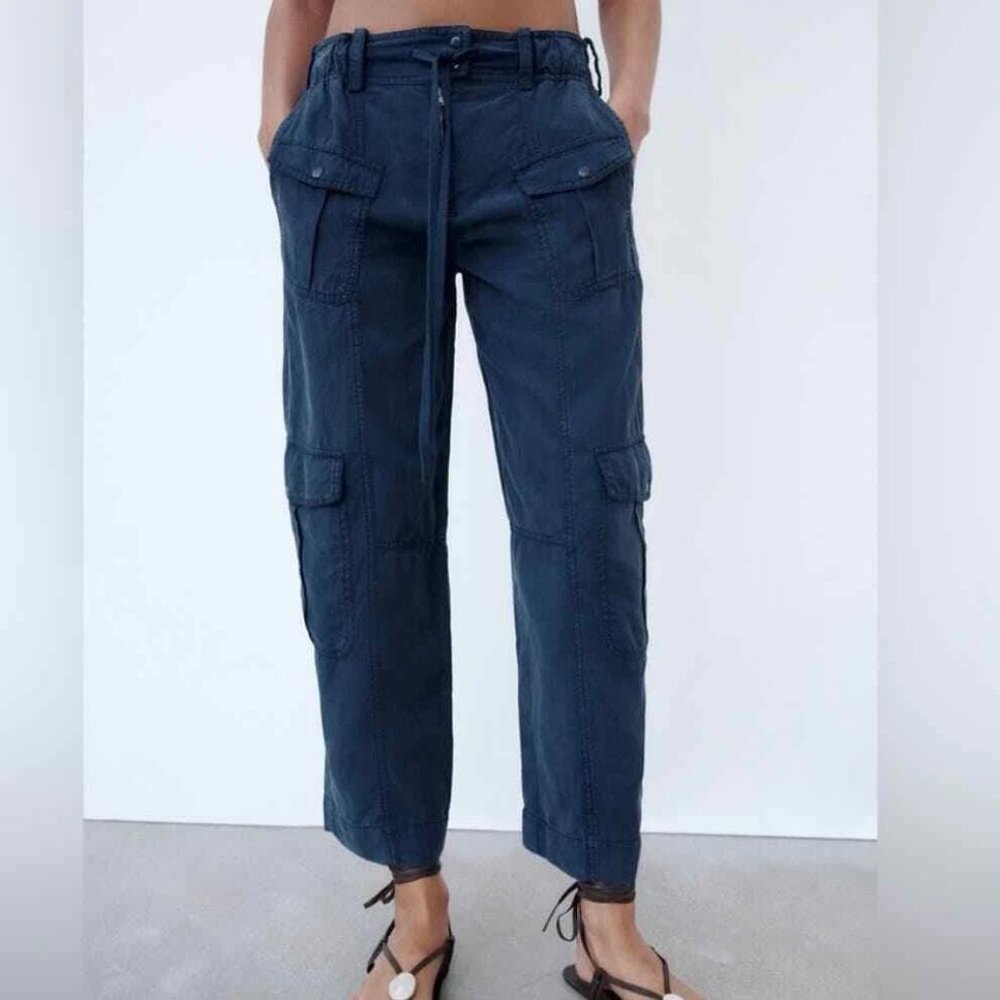 Zara Cropped Cargo Pants Womens Size Small Blue Lyocell Linen‎ Blend Altered Hem